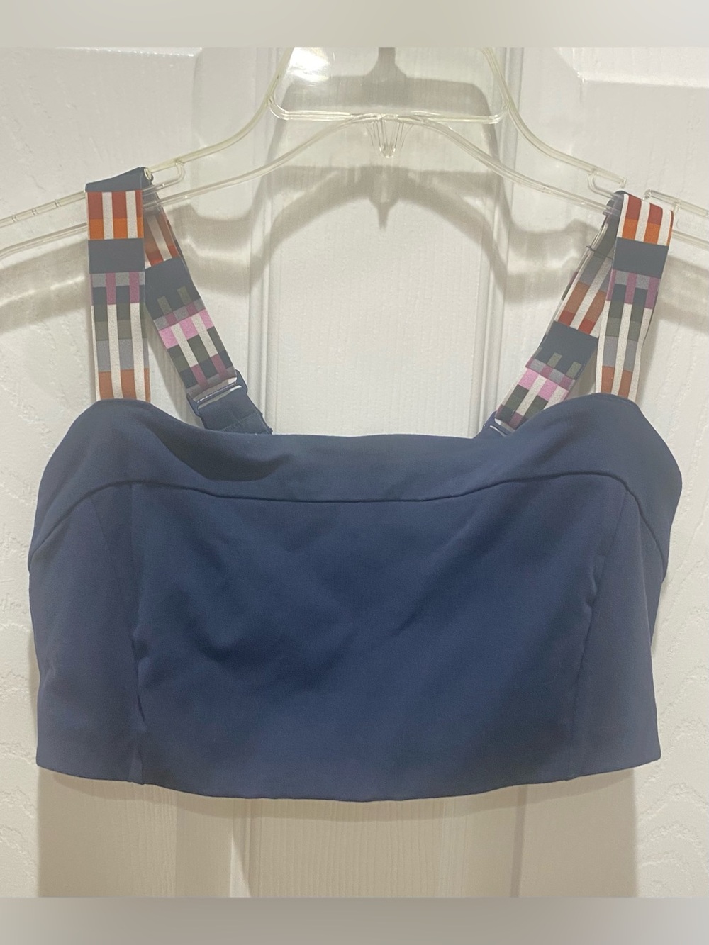Prana Navy Crop Top sports bra with Multicolor Straps size Medium